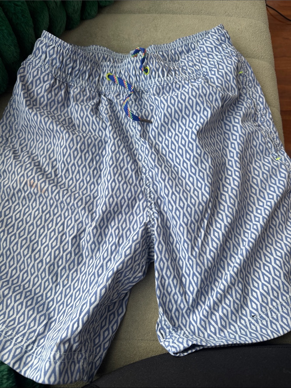 Crewcuts Light Blue and White Geometric Swim Trunks